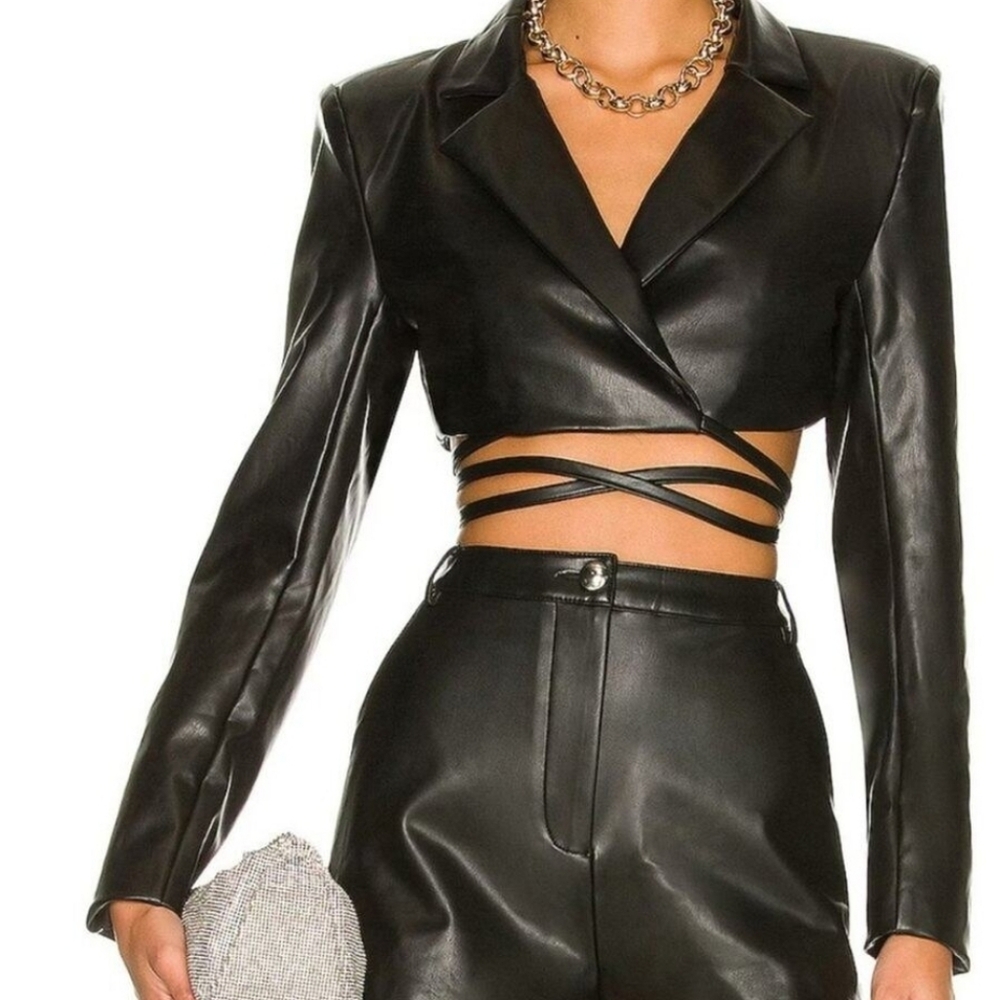 H:ours Alvina Black Cropped Faux Leather Blazer Jacket Small